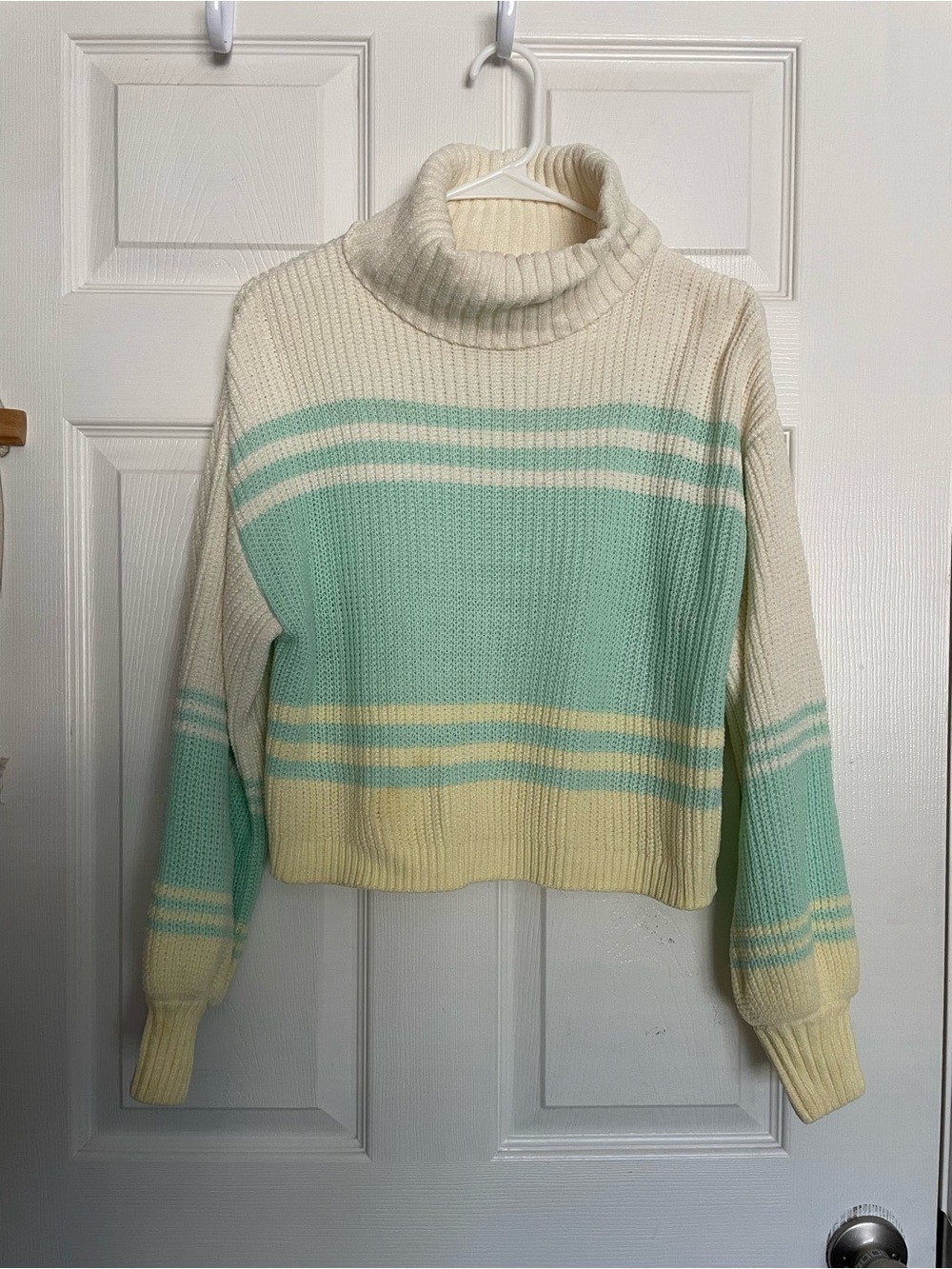 Leighton Womens size Small Turtleneck Striped Knit Sweater in Cream,Mint &Yellow